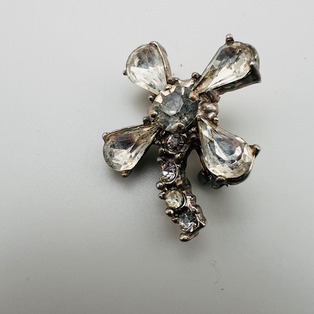 Vintage Dragonfly Brooch Clear Crystal Rhinestone Silver Tone Insect Pin